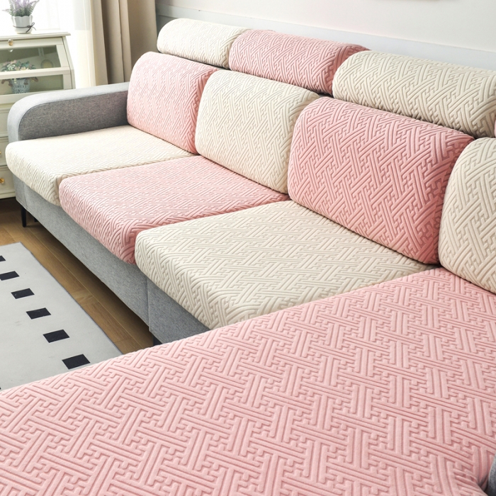 91家纺网 家纺一手货源 找家纺 千彤2023防滑防尘可拆卸水洗机洗全包款沙发套罩沙发笠韵律系列米白粉色