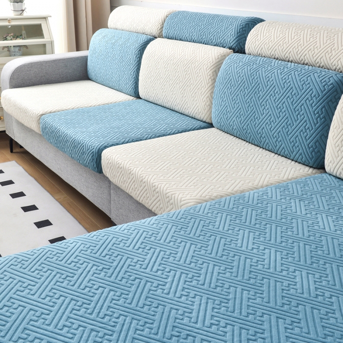 91家纺网 家纺一手货源 找家纺 千彤2023防滑防尘可拆卸水洗机洗全包款沙发套罩沙发笠韵律系列天蓝米白
