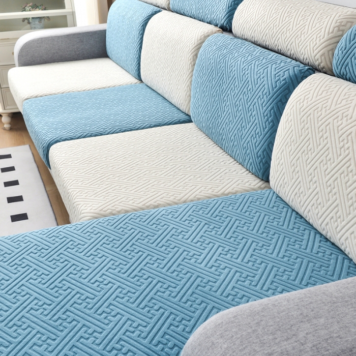 91家纺网 家纺一手货源 找家纺 千彤2023防滑防尘可拆卸水洗机洗全包款沙发套罩沙发笠韵律系列天蓝米白