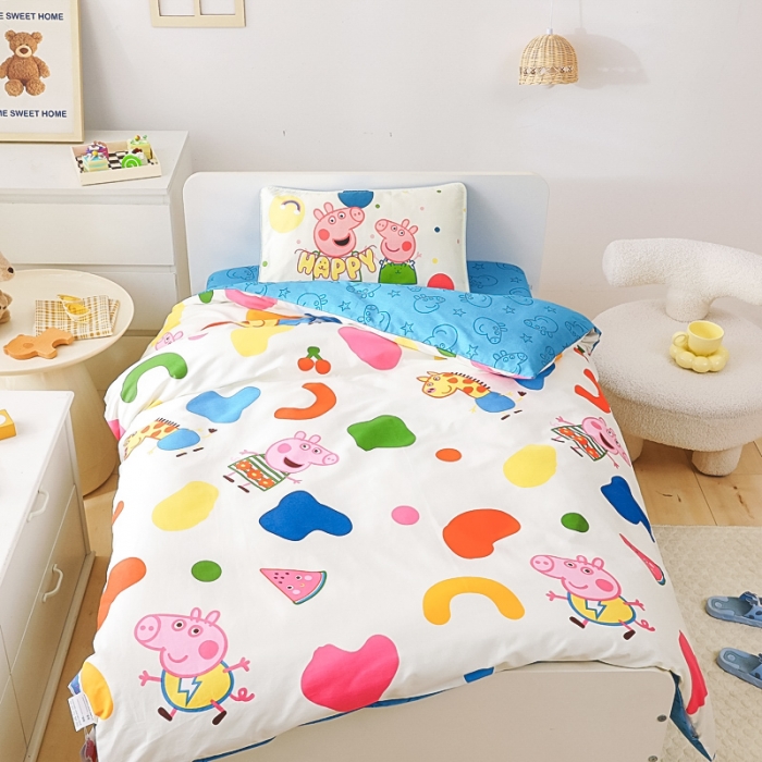 91家纺网 家纺一手货源 找家纺 乐秀 2023新款小猪佩奇正版授权幼儿园被子多件套（不含芯三件套） 彩虹佩奇