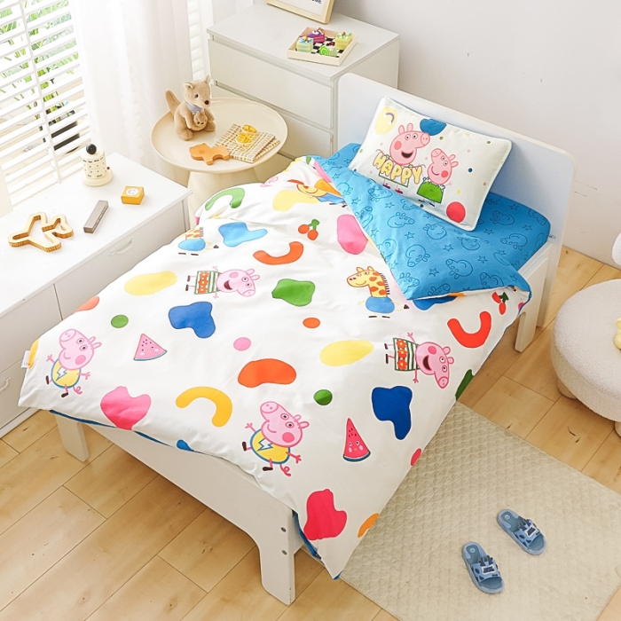 91家纺网 家纺一手货源 找家纺 乐秀 2023新款小猪佩奇正版授权幼儿园被子多件套（不含芯三件套） 彩虹佩奇