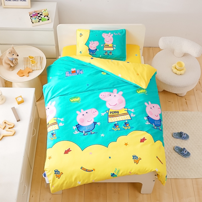 91家纺网 家纺一手货源 找家纺 乐秀 2023新款小猪佩奇正版授权幼儿园被子多件套（不含芯三件套） 滑轮佩奇