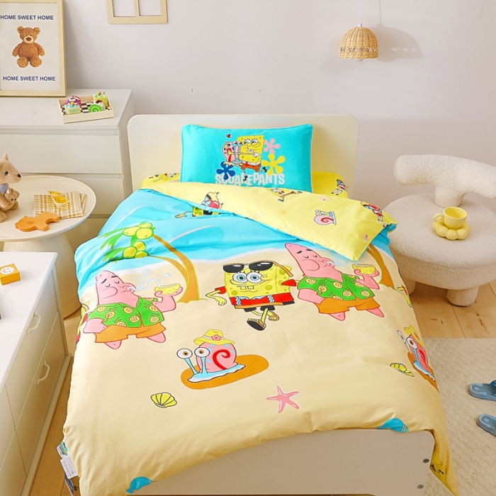 91家纺网 家纺一手货源 找家纺 海绵宝宝正版授权幼儿园被子多件套（不含芯三件套） 椰树海绵宝宝