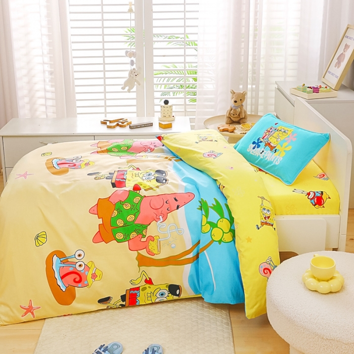 91家纺网 家纺一手货源 找家纺 海绵宝宝正版授权幼儿园被子多件套（不含芯三件套） 椰树海绵宝宝