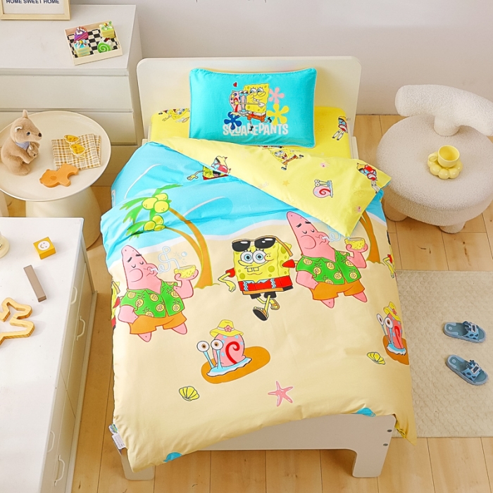 91家纺网 家纺一手货源 找家纺 海绵宝宝正版授权幼儿园被子多件套（不含芯三件套） 椰树海绵宝宝
