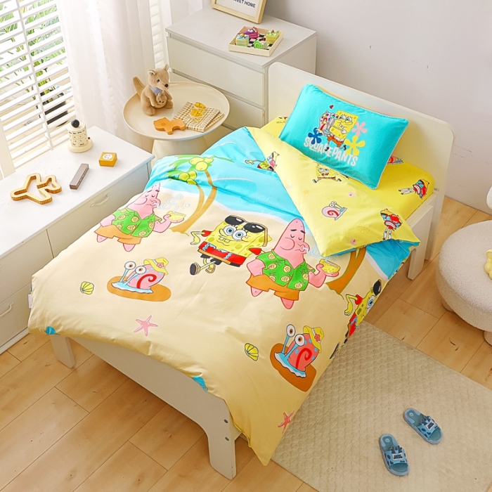91家纺网 家纺一手货源 找家纺 海绵宝宝正版授权幼儿园被子多件套（不含芯三件套） 椰树海绵宝宝