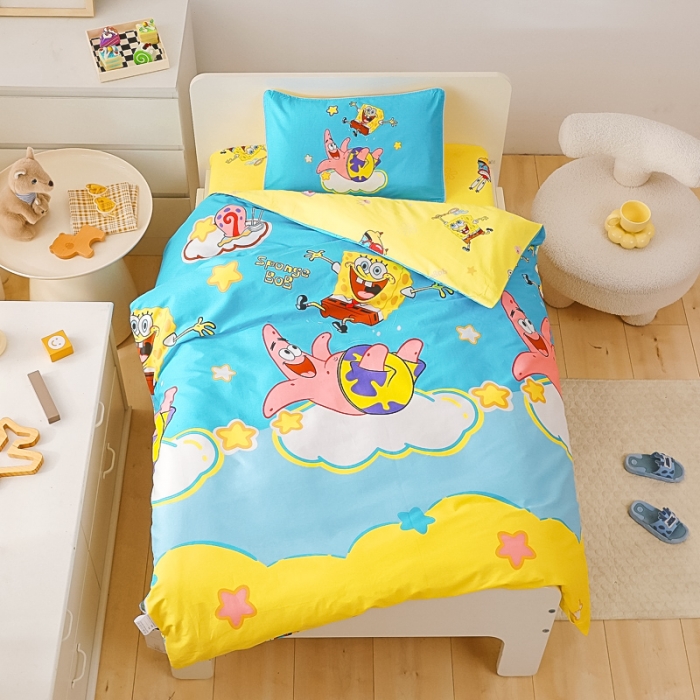 91家纺网 家纺一手货源 找家纺 海绵宝宝正版授权幼儿园被子多件套（不含芯三件套） 云朵海绵宝宝