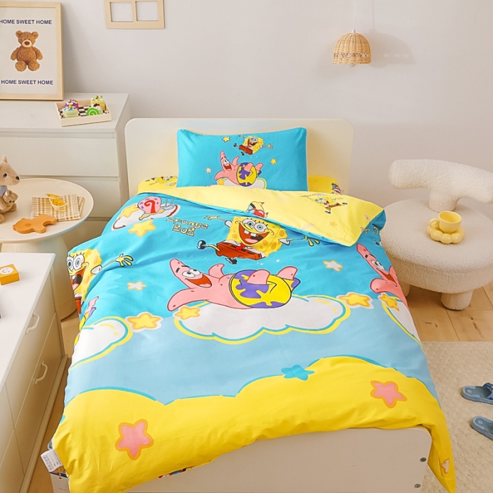 91家纺网 家纺一手货源 找家纺 海绵宝宝正版授权幼儿园被子多件套（不含芯三件套） 云朵海绵宝宝