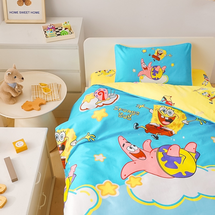 91家纺网 家纺一手货源 找家纺 海绵宝宝正版授权幼儿园被子多件套（不含芯三件套） 云朵海绵宝宝