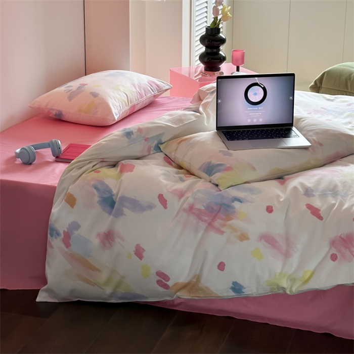 91家纺网 家纺一手货源 找家纺 昔可 2023新款夏日多巴胺全棉四件套 彩色画盘