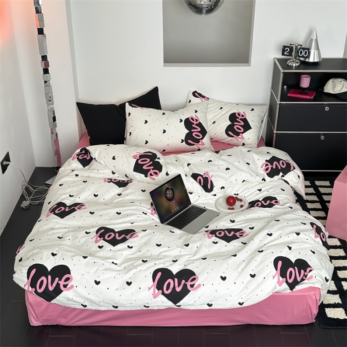 91家纺网 家纺一手货源 找家纺 昔可 2023新款夏日多巴胺全棉四件套 粉字母爱心