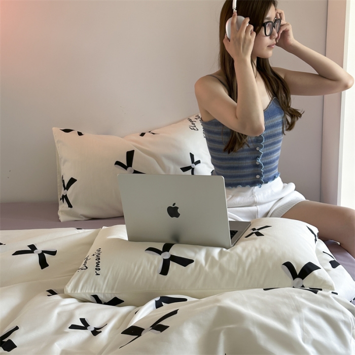 91家纺网 家纺一手货源 找家纺 昔可 2023新款夏日多巴胺全棉四件套 珍珠蝴蝶结