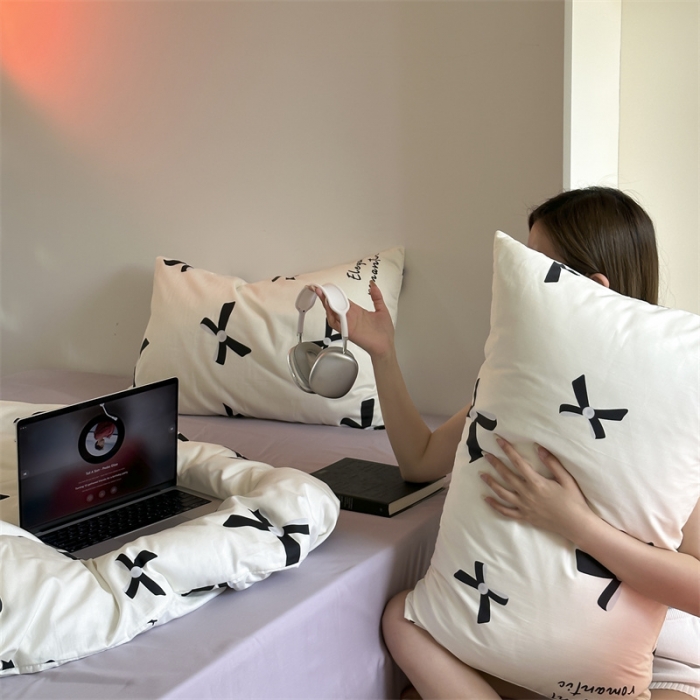 91家纺网 家纺一手货源 找家纺 昔可 2023新款夏日多巴胺全棉四件套 珍珠蝴蝶结