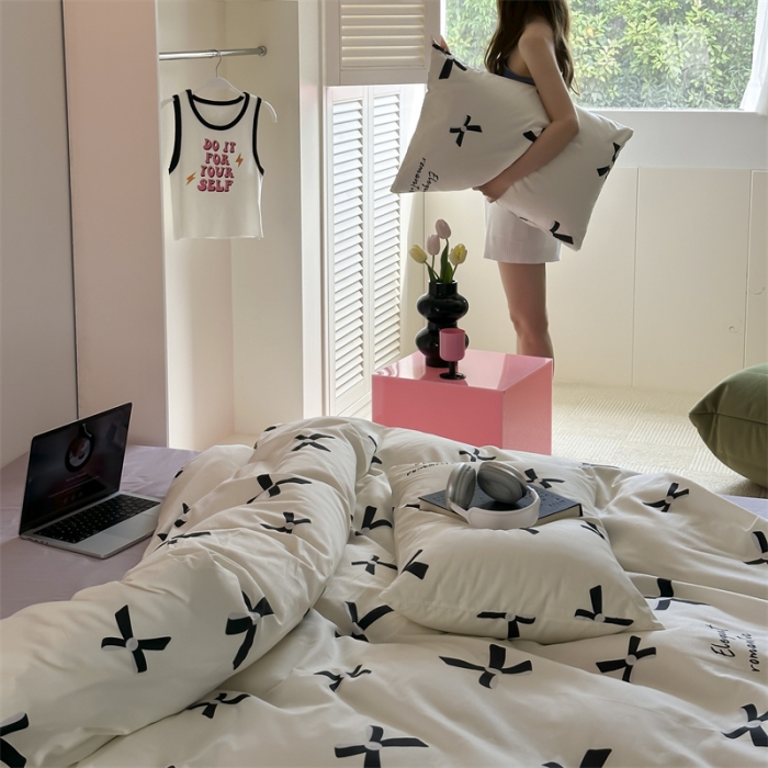 91家纺网 家纺一手货源 找家纺 昔可 2023新款夏日多巴胺全棉四件套 珍珠蝴蝶结