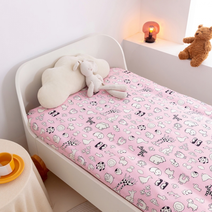 91家纺网 家纺一手货源 找家纺 喜多兔 2023新款40S纯棉印花抗菌床垫 动物集粉色