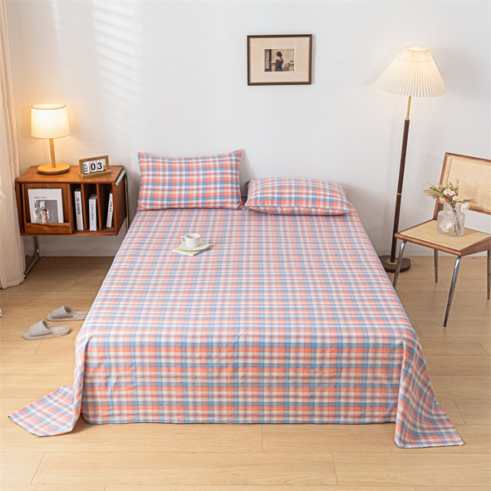 91家纺网 家纺一手货源 找家纺 优眠坊 2025新款全棉色织水洗棉单床单 丁香粉格（床单款）