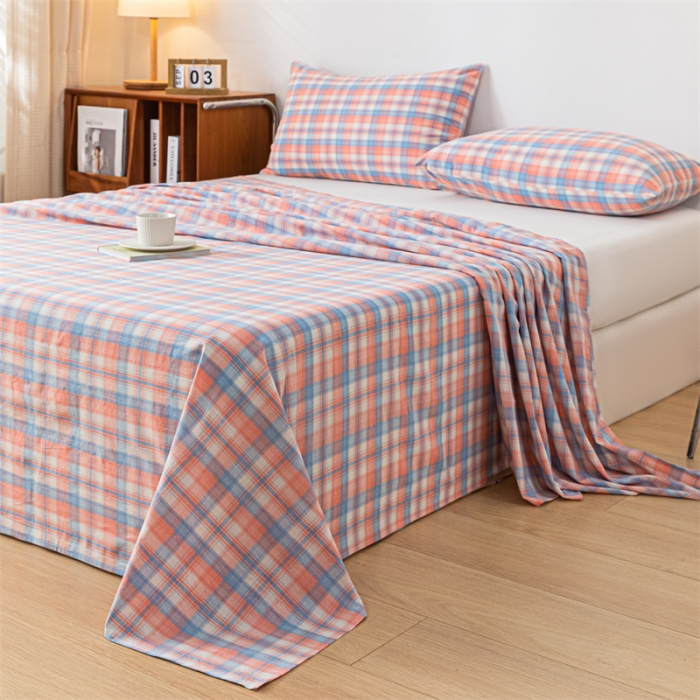 91家纺网 家纺一手货源 找家纺 优眠坊 2025新款全棉色织水洗棉单床单 丁香粉格（床单款）