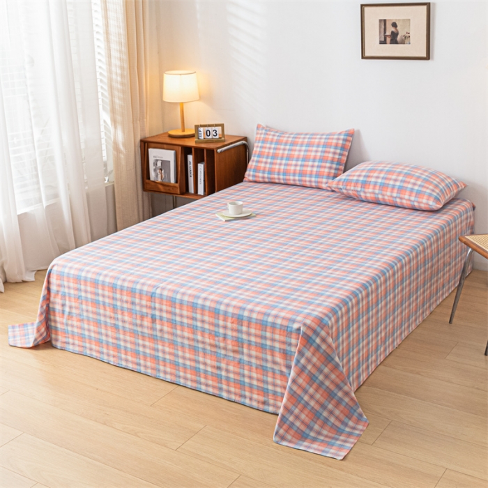 91家纺网 家纺一手货源 找家纺 优眠坊 2025新款全棉色织水洗棉单床单 丁香粉格（床单款）