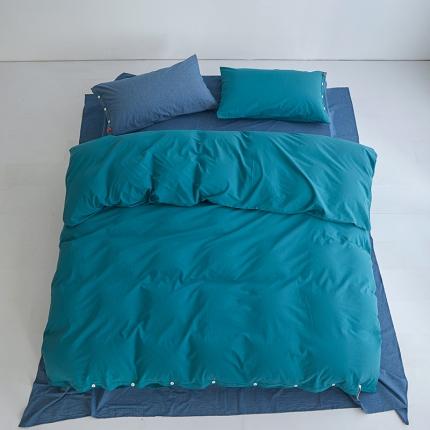 91家纺网 家纺一手货源 找家纺 水洗棉全棉纽扣款工艺混搭拼色四件套（系列一） 筠雾+深蓝（筠雾深蓝）