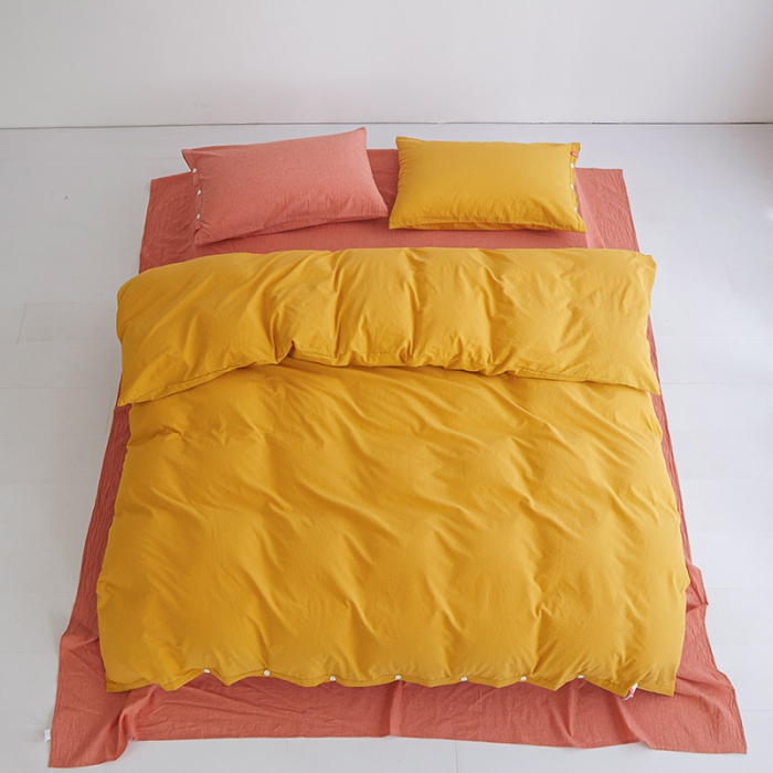 91家纺网 家纺一手货源 找家纺 水洗棉全棉高支高密纽扣款工艺混搭拼色四件套 姜黄+橘红（姜黄橘红）
