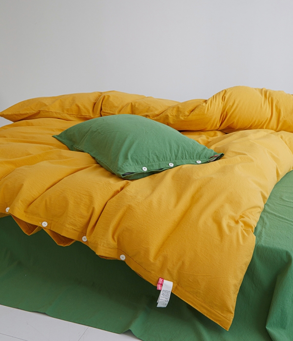 91家纺网 家纺一手货源 找家纺 水洗棉全棉纽扣款工艺混搭拼色四件套（系列一） 姜黄+军绿（姜黄军绿）
