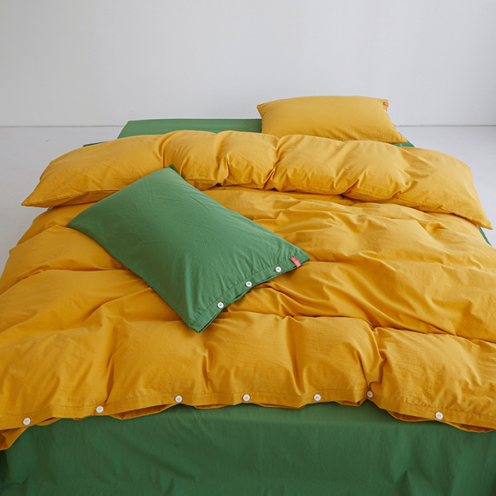 91家纺网 家纺一手货源 找家纺 水洗棉全棉纽扣款工艺混搭拼色四件套（系列一） 姜黄+军绿（姜黄军绿）