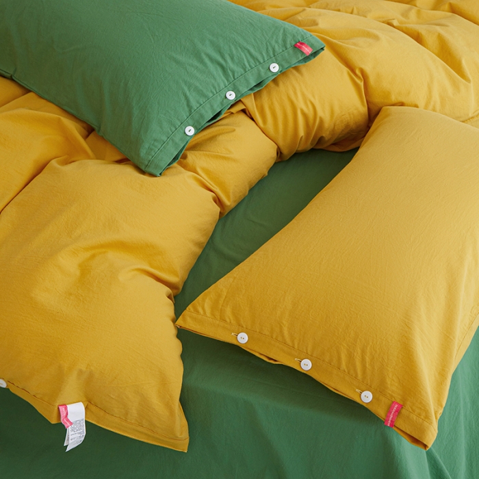 91家纺网 家纺一手货源 找家纺 水洗棉全棉纽扣款工艺混搭拼色四件套（系列一） 姜黄+军绿（姜黄军绿）