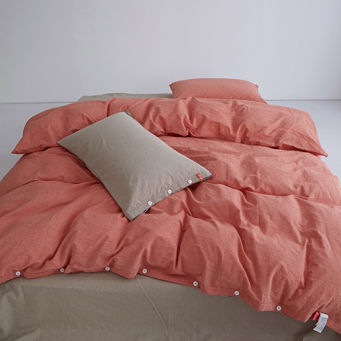 91家纺网 家纺一手货源 找家纺 水洗棉全棉纽扣款工艺混搭拼色四件套（系列一） 橘红+卡其（橘红卡其）