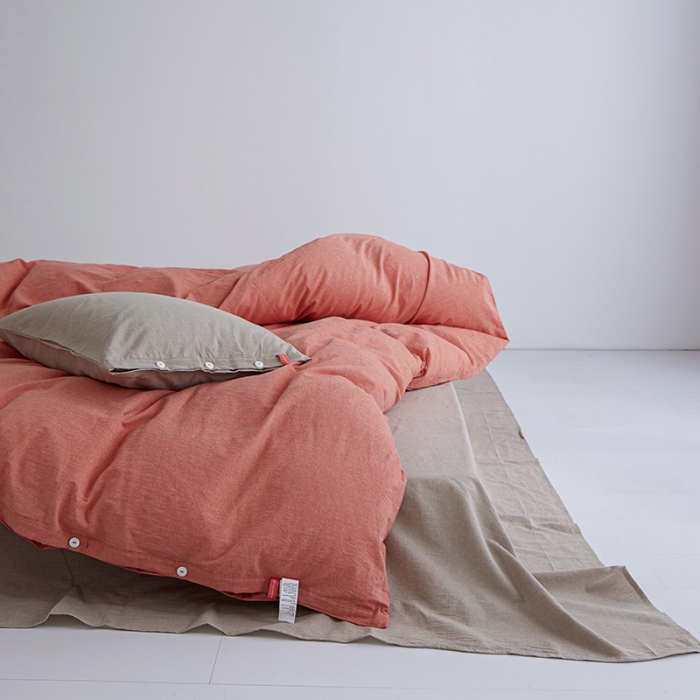 91家纺网 家纺一手货源 找家纺 水洗棉全棉纽扣款工艺混搭拼色四件套（系列一） 橘红+卡其（橘红卡其）