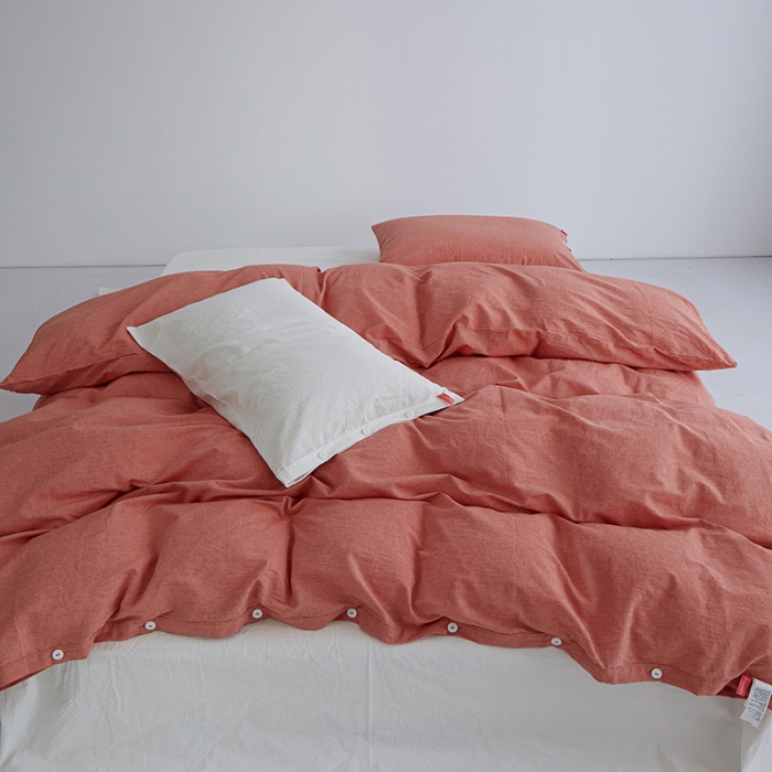 91家纺网 家纺一手货源 找家纺 水洗棉全棉纽扣款工艺混搭拼色四件套（系列一） 橘红+盐白（橘红盐白）