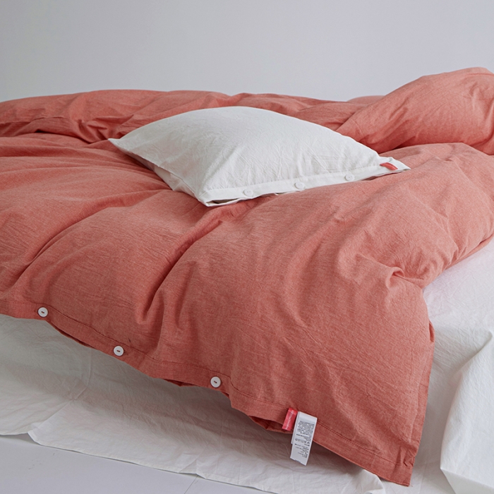 91家纺网 家纺一手货源 找家纺 水洗棉全棉纽扣款工艺混搭拼色四件套（系列一） 橘红+盐白（橘红盐白）