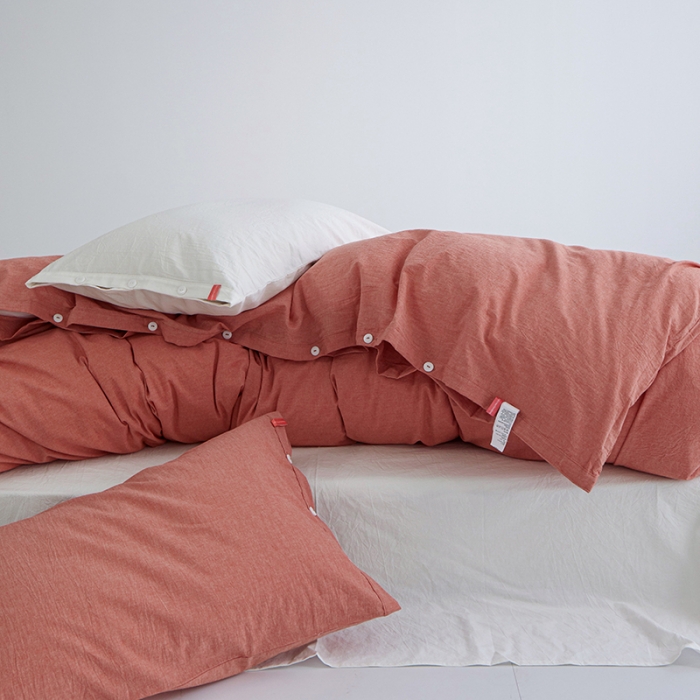 91家纺网 家纺一手货源 找家纺 水洗棉全棉纽扣款工艺混搭拼色四件套（系列一） 橘红+盐白（橘红盐白）