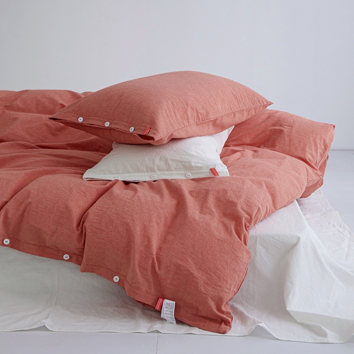 91家纺网 家纺一手货源 找家纺 水洗棉全棉纽扣款工艺混搭拼色四件套（系列一） 橘红+盐白（橘红盐白）