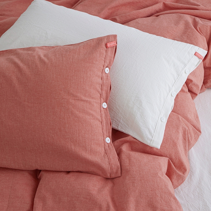 91家纺网 家纺一手货源 找家纺 水洗棉全棉纽扣款工艺混搭拼色四件套（系列一） 橘红+盐白（橘红盐白）