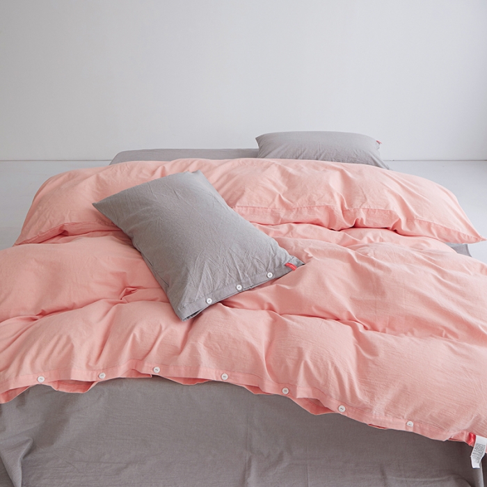 91家纺网 家纺一手货源 找家纺 水洗棉全棉纽扣款工艺混搭拼色四件套（系列一） 嫩粉+浅咖（浅咖浅咖）