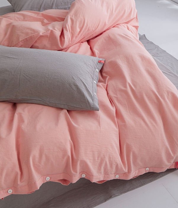 91家纺网 家纺一手货源 找家纺 水洗棉全棉纽扣款工艺混搭拼色四件套（系列一） 嫩粉+浅咖（浅咖浅咖）