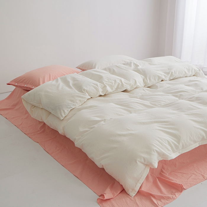 91家纺网 家纺一手货源 找家纺 水洗棉全棉高支高密纽扣款工艺混搭拼色四件套 盐白+嫩粉（盐白嫩粉）