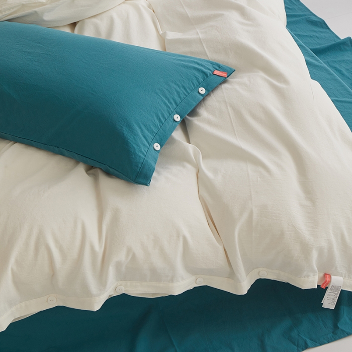 91家纺网 家纺一手货源 找家纺 水洗棉全棉纽扣款工艺混搭拼色四件套（系列一） 盐白+筠雾（盐白筠雾）