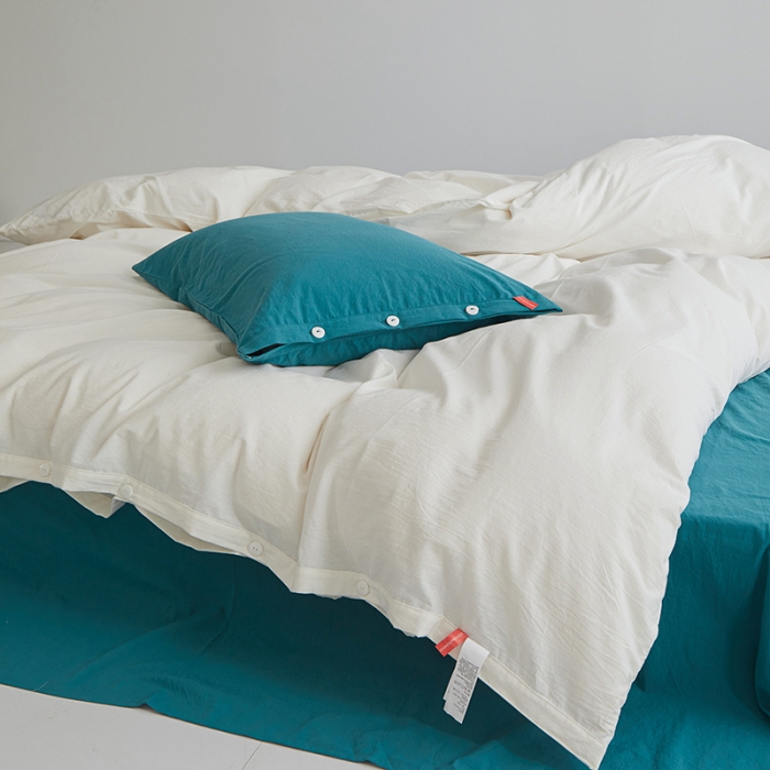 91家纺网 家纺一手货源 找家纺 水洗棉全棉纽扣款工艺混搭拼色四件套（系列一） 盐白+筠雾（盐白筠雾）