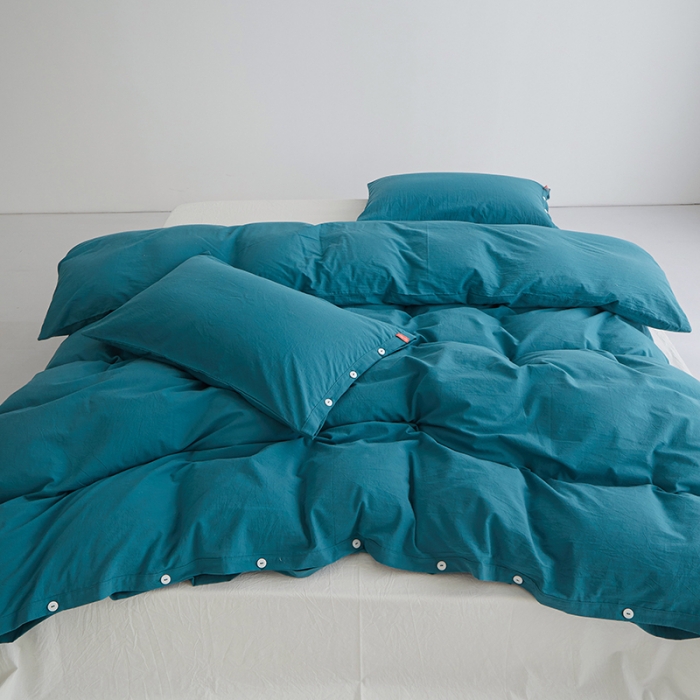 91家纺网 家纺一手货源 找家纺 水洗棉全棉纽扣款工艺混搭拼色四件套（系列一） 筠雾+纯白（筠雾筠雾）