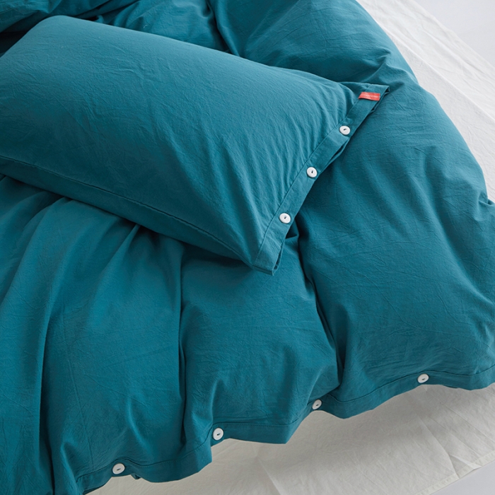 91家纺网 家纺一手货源 找家纺 水洗棉全棉纽扣款工艺混搭拼色四件套（系列一） 筠雾+纯白（筠雾筠雾）