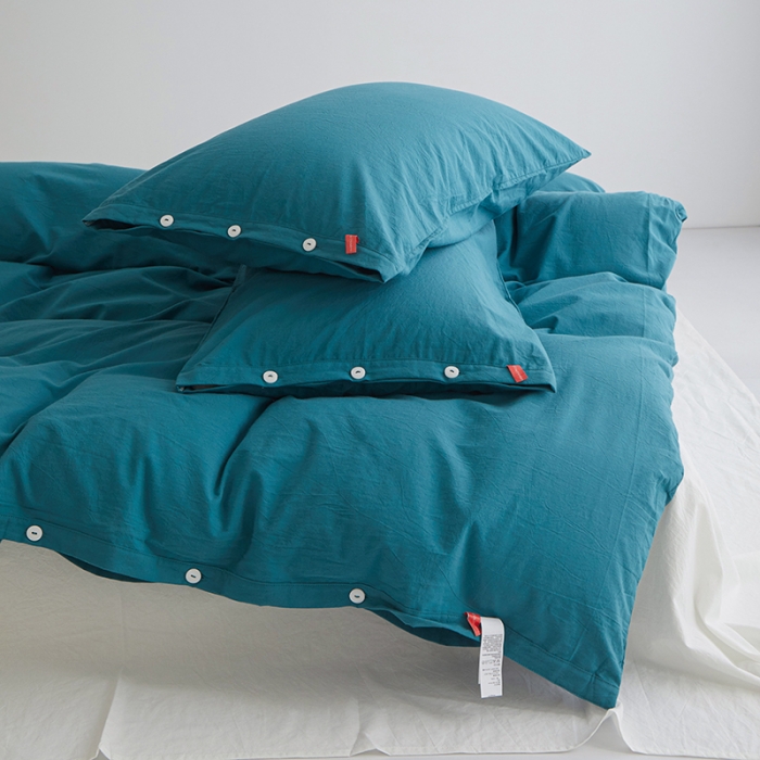 91家纺网 家纺一手货源 找家纺 水洗棉全棉纽扣款工艺混搭拼色四件套（系列一） 筠雾+纯白（筠雾筠雾）