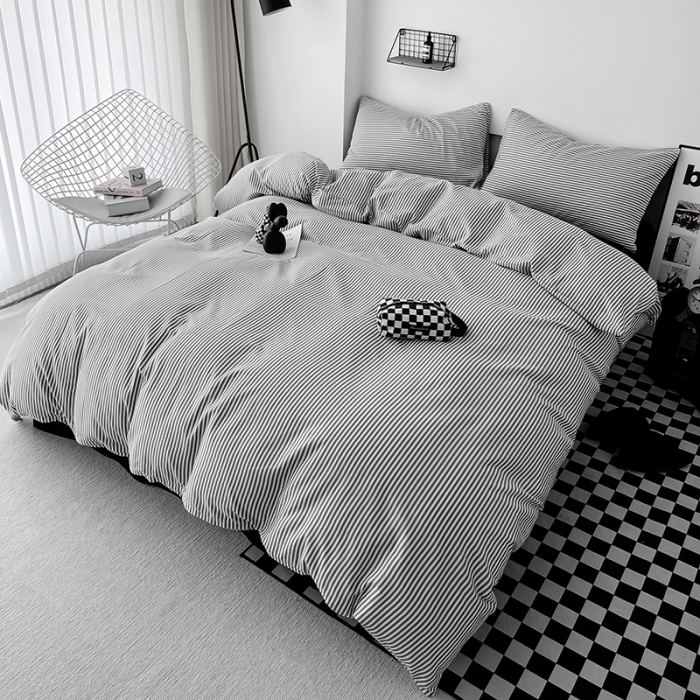 91家纺网 家纺一手货源 找家纺 梦家居 2023新款简约北欧全棉水洗棉混搭四件套 细灰条