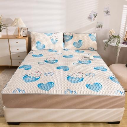 91家纺网 家纺一手货源 找家纺 卓尔居 2023新款乳胶印花凉席床单床笠床裙套件 蓝心兔