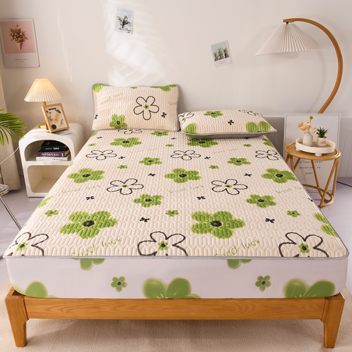 91家纺网 家纺一手货源 找家纺 卓尔居 2023新款乳胶印花凉席床单床笠床裙套件 向阳花-绿