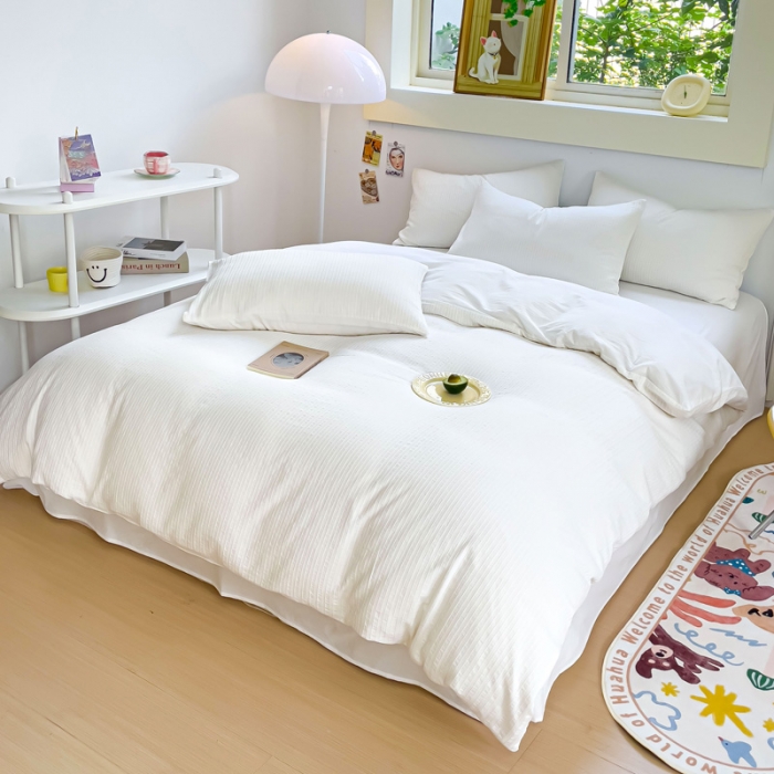 91家纺网 家纺一手货源 找家纺 千朵 2023新款色织条纹四件套 锦瑟白