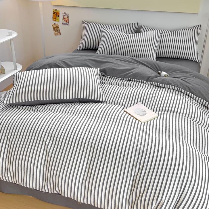 91家纺网 家纺一手货源 找家纺 千朵 2023新款色织条纹四件套 锦瑟灰