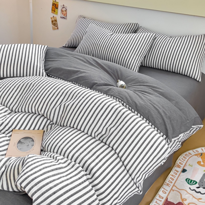 91家纺网 家纺一手货源 找家纺 千朵 2023新款色织条纹四件套 锦瑟灰