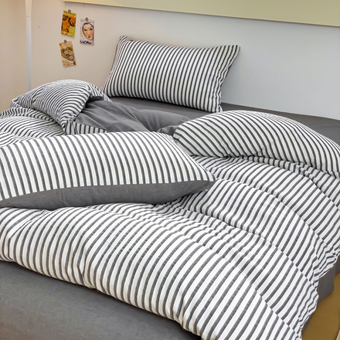 91家纺网 家纺一手货源 找家纺 千朵 2023新款色织条纹四件套 锦瑟灰