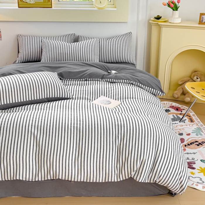 91家纺网 家纺一手货源 找家纺 千朵 2023新款色织条纹四件套 锦瑟灰